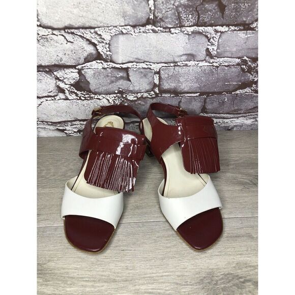 TOD'S Burgundy Patent Leather White Open Toe Heel Strap Sandals Women 35.5EU/5US - Picture 11 of 16